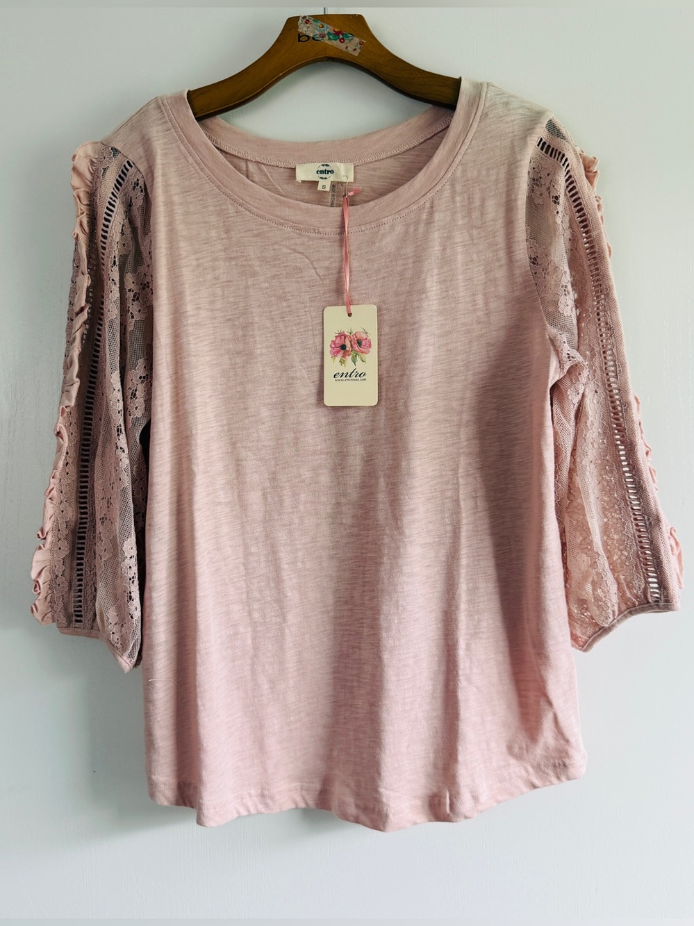 entro Blush Pink Lace Sheet Sleeve Tee Top